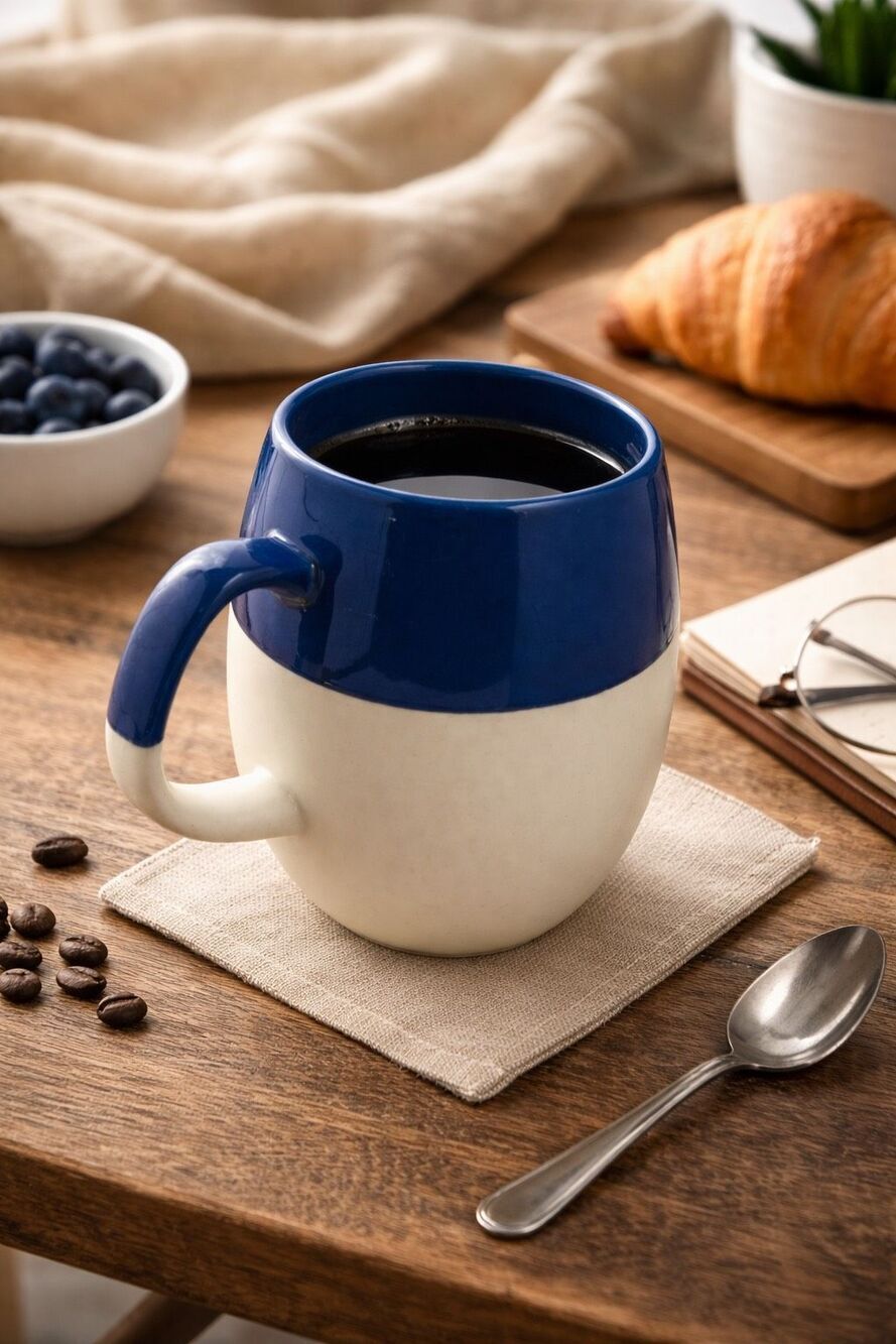 Rare Starbucks Blue Dipped Pottery Mug 2014 14oz Beige Terra Cotta